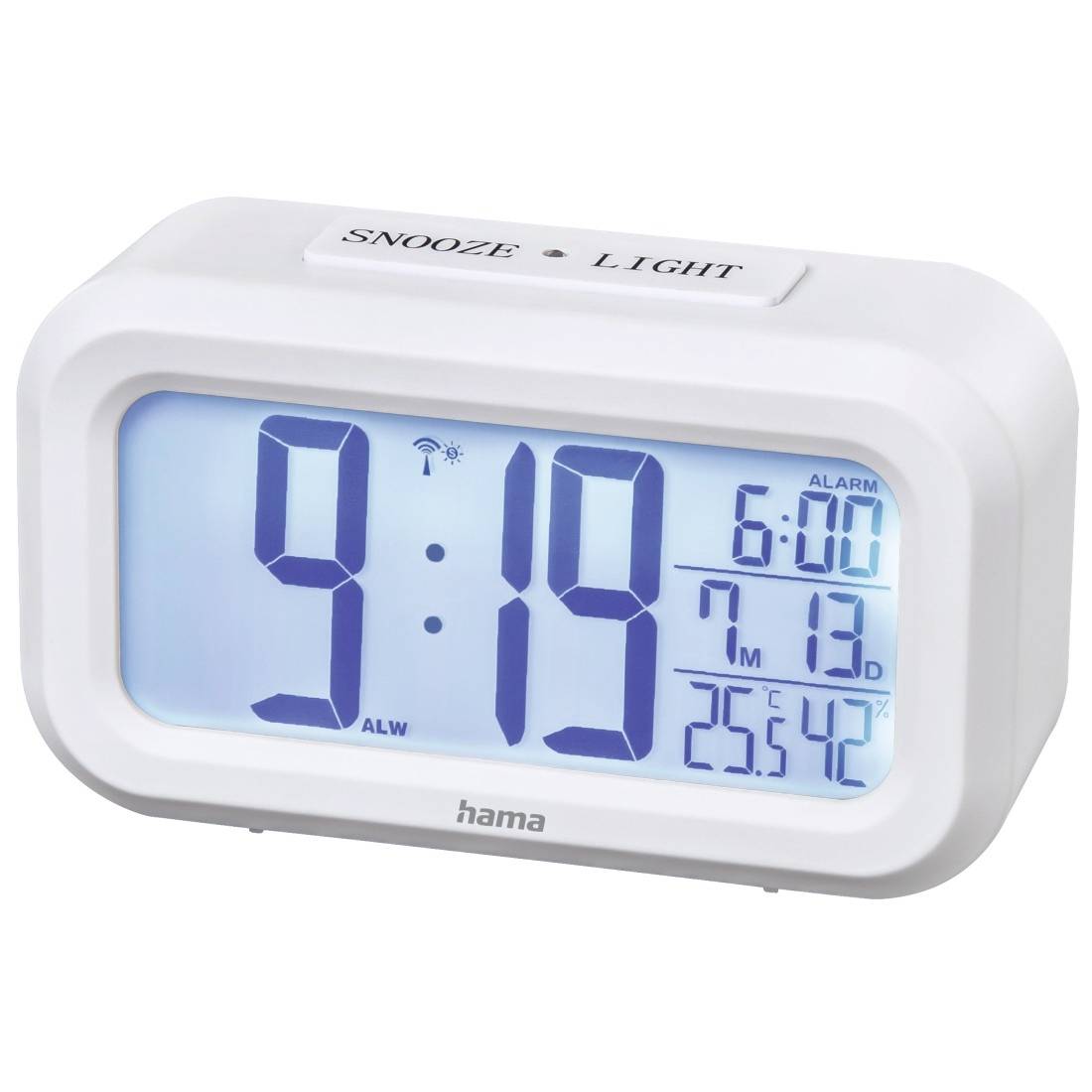 Weiße digitale Wecker zeigt 9:19 Uhr an, mit Alarm auf 6:00 Uhr eingestellt, Datum 13.7. und Temperatur 25,5°C/42°F.