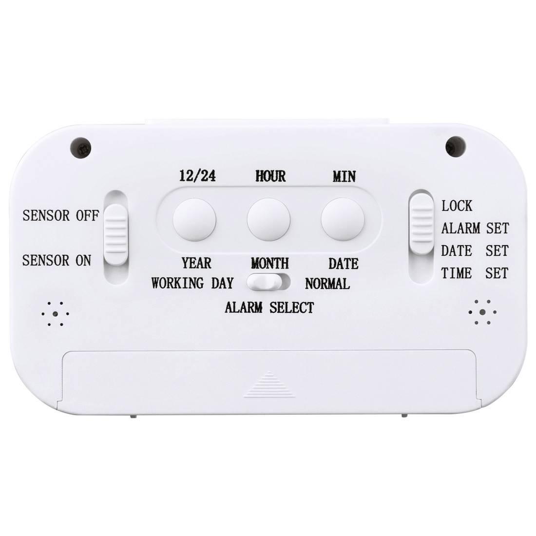 Rückseite einer digitalen Wecker mit Bedienelementen für Sensor Ein/Aus, Wecker/Datum/Zeit einstellen und 12/24-Stunden-, Jahr-, Monat-, Datum- und Stunden-/Minuteneinstellungen.