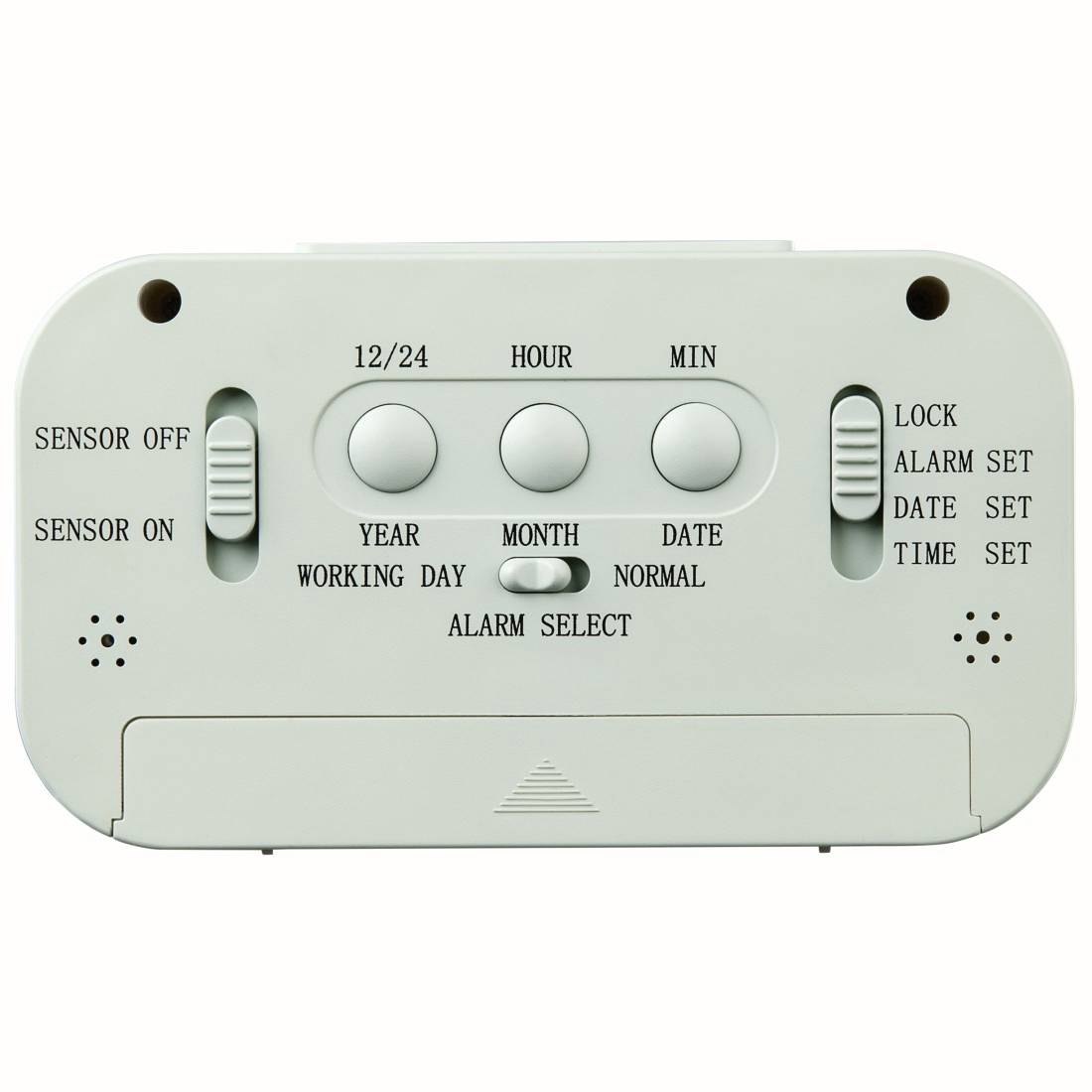 Wecker-Bedienfeld mit Schaltern für Sensor Ein/Aus und Sperre, Tasten für 12/24, Stunde, Minute, Jahr, Monat, Datum und Weckmoduseinstellungen.