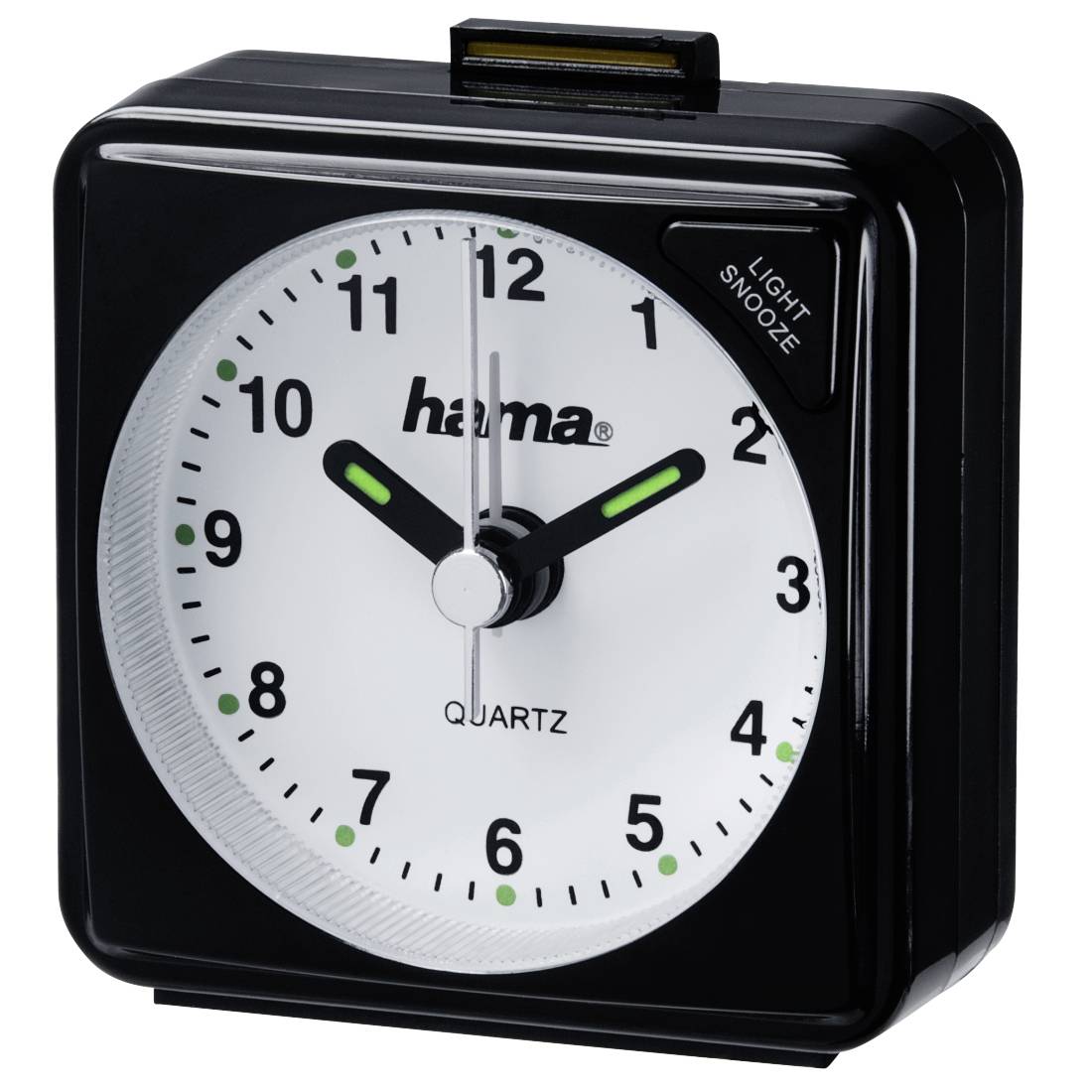 Schwarze analoge Quarz-Wecker mit weißem Zifferblatt, zeigt das Hama-Logo und ein kleines „light snooze