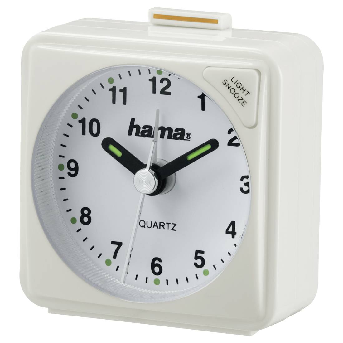 Weiße analoge Quarz-Weckuhr mit „LIGHT/SNOOZE
