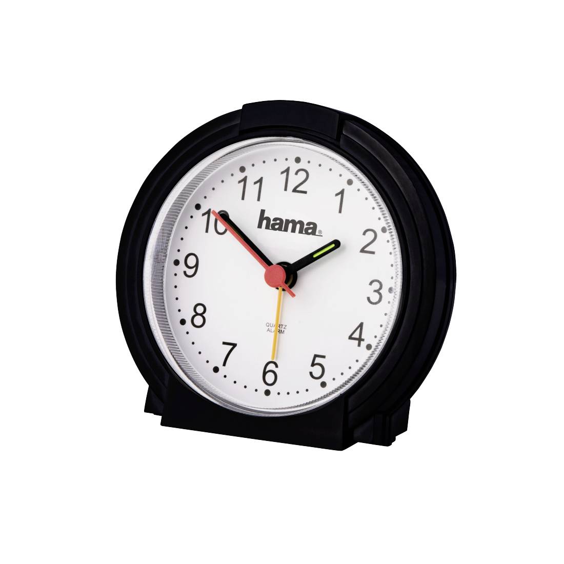 Schwarzer Hama Analogwecker mit weißem Zifferblatt und Zeigern, die etwa 10:10 Uhr anzeigen.