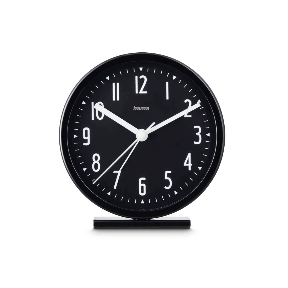 Schwarze analoge Schreibtischuhr, die auf einem weißen Hintergrund etwa 10:10 anzeigt.