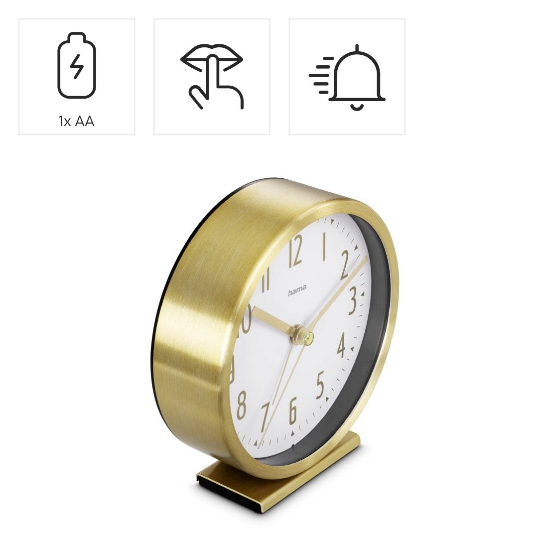 Goldene analoge Weckuhr mit AA-Batteriesymbol, Schlummergeste und Alarmsymbol darüber