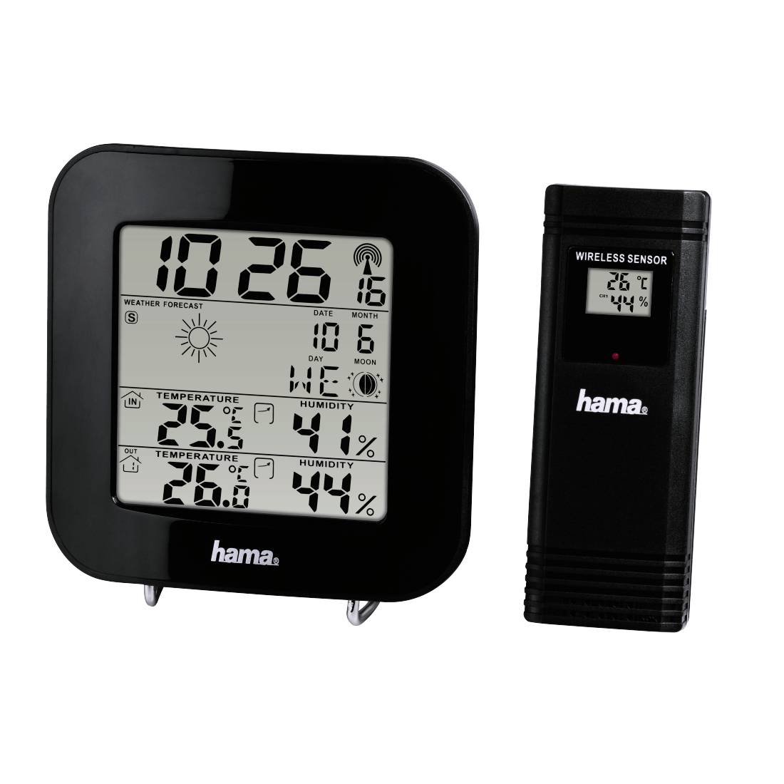 Hama Wetterstation mit Digitaluhr, Wettervorhersage, Datum, Innen- und Außentemperatur- sowie Luftfeuchtigkeitsanzeige und drahtlosem Sensor.