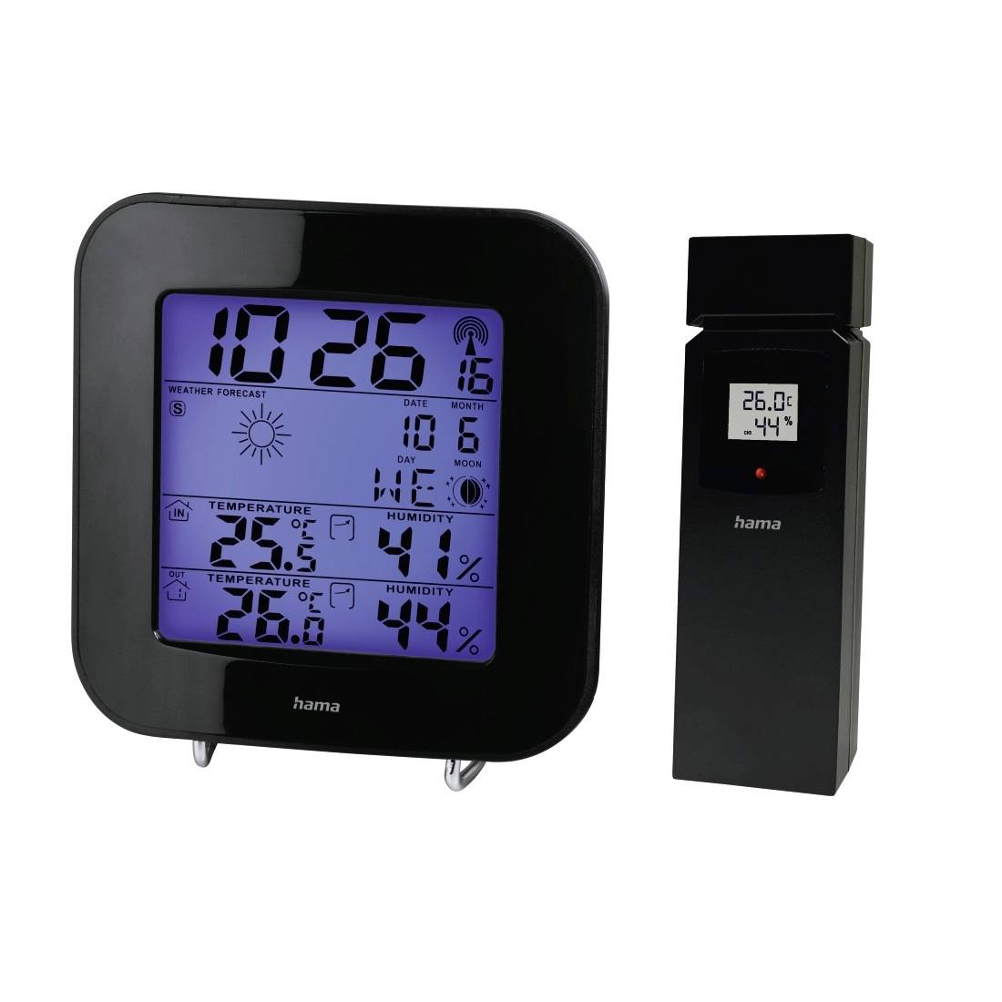 Digitale Wetterstationanzeige und drahtloser Sensor mit Anzeige von Uhrzeit, Vorhersage, Datum, Temperatur und Feuchtigkeitsmesswerten.