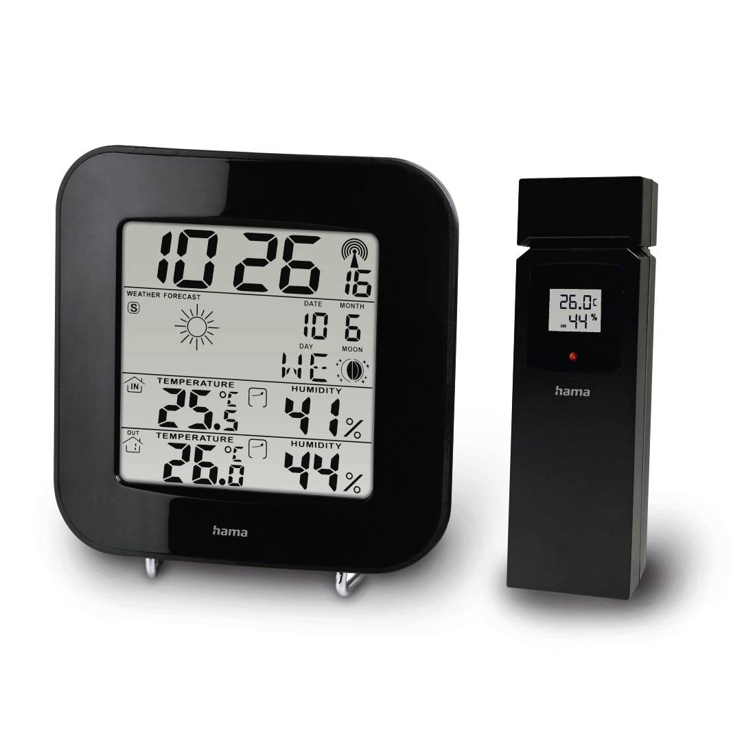 Schwarze Hama digitale Wetterstation mit kabellosem Außensensor, der Zeit, Wettervorhersage, Datum, Innen- und Außentemperatur sowie Luftfeuchtigkeit anzeigt.