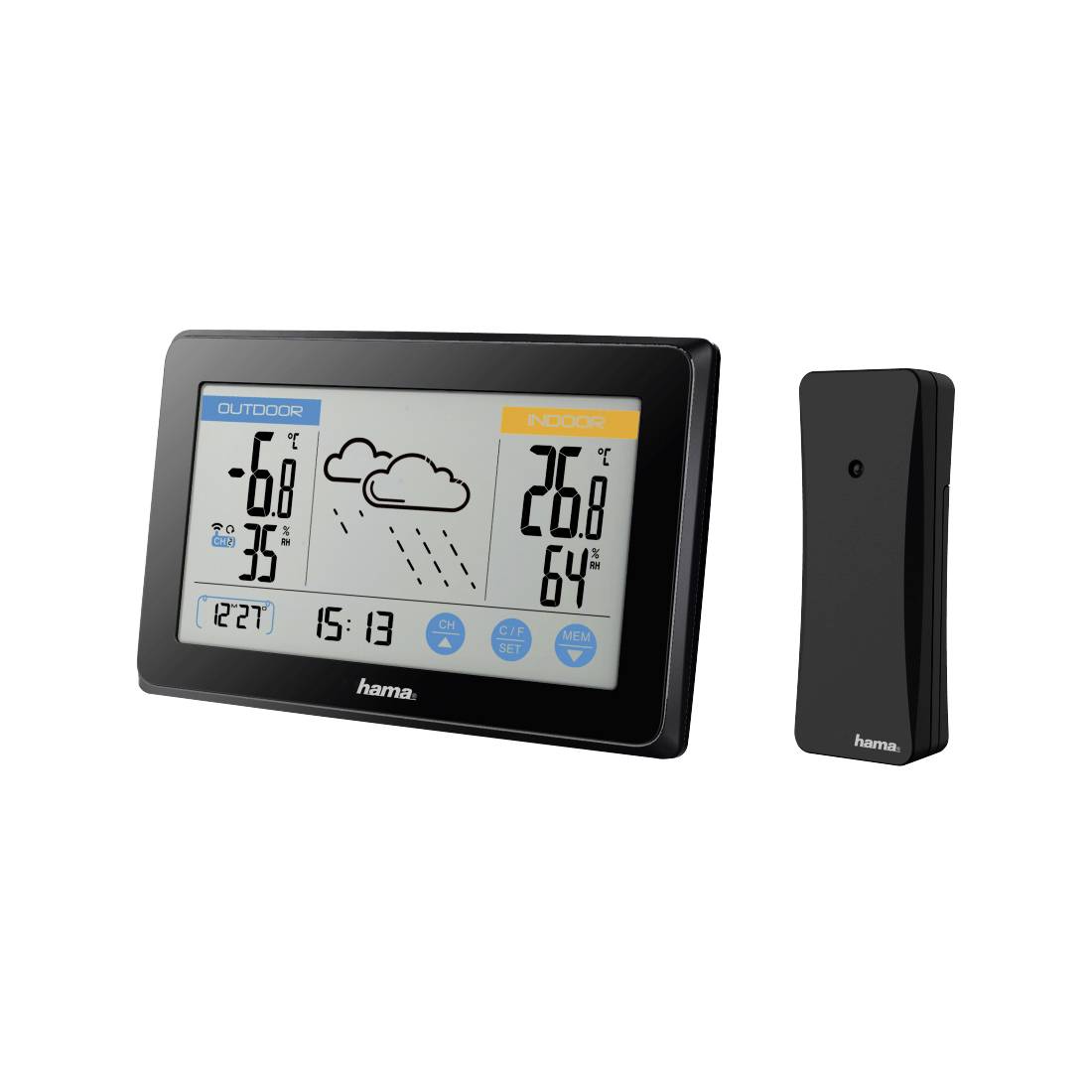 Drahtlose Wetterstation mit Anzeige, die ein Außenregensymbol und Temperaturen zeigt, mit einer separaten Innenraumsensoreinheit daneben.