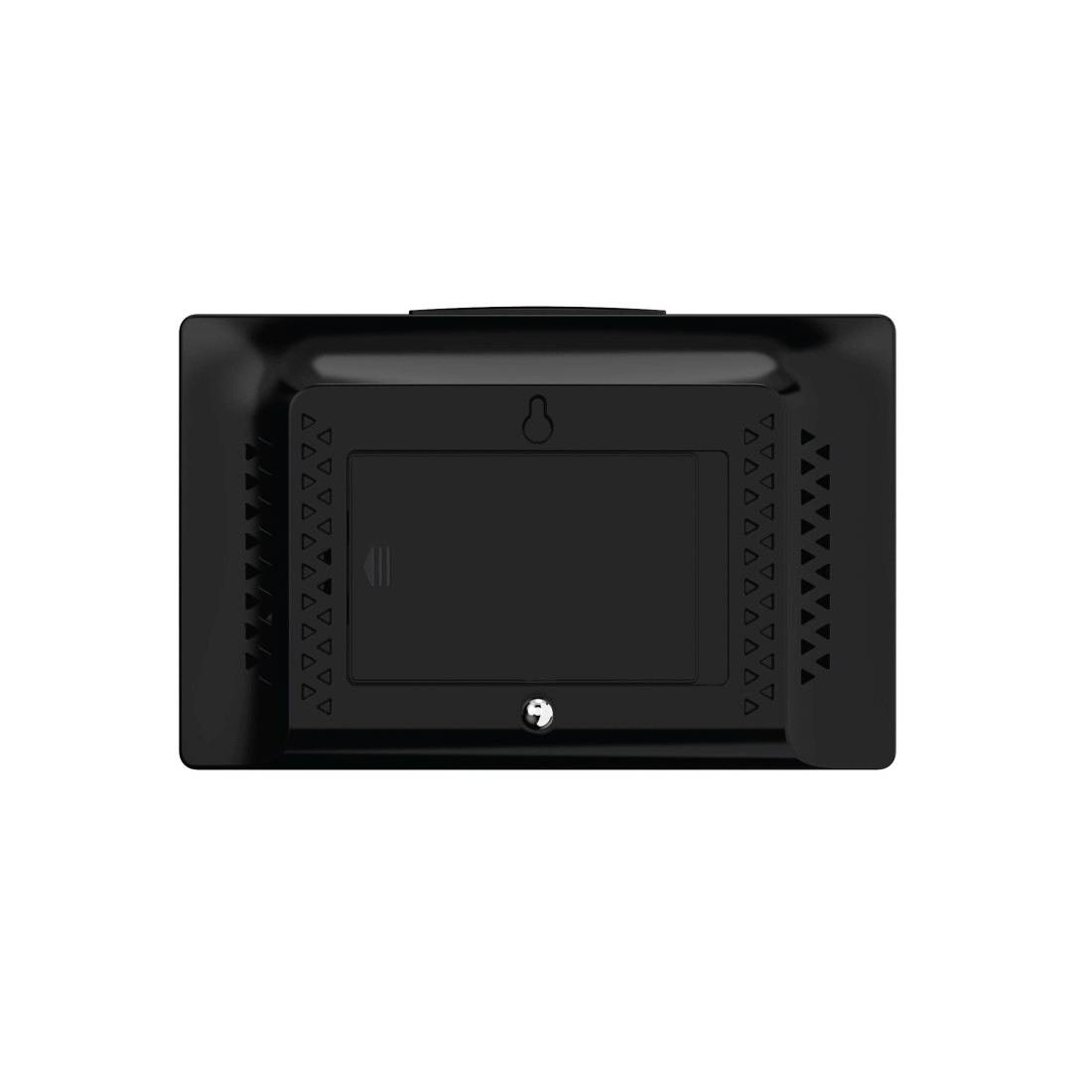 Schwarzes rechteckiges Touchscreen-Gerät mit seitlichen Lüftungsöffnungen und einem kleinen Symbol oben, auf weißem Hintergrund dargestellt.
