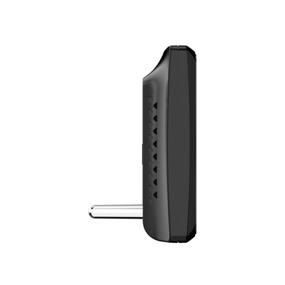 Seitenansicht eines schwarzen Stecker-Geräts mit einem sichtbaren Metallzacken, isoliert auf weißem Hintergrund dargestellt.
