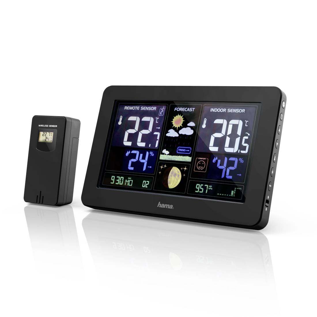 Digitale Wetterstation mit Außensensor zeigt Fernbedienung und Innentemperatur, Luftfeuchtigkeit, Vorhersage und Druckwerte an.