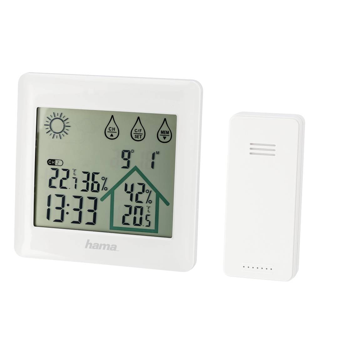 Digitale Wetterstation mit Innenraumanzeige und drahtlosem Sensor, zeigt 22,7°C, 36% Luftfeuchtigkeit, 13:33 und ein Haussymbol mit 42% und 20,5°C.