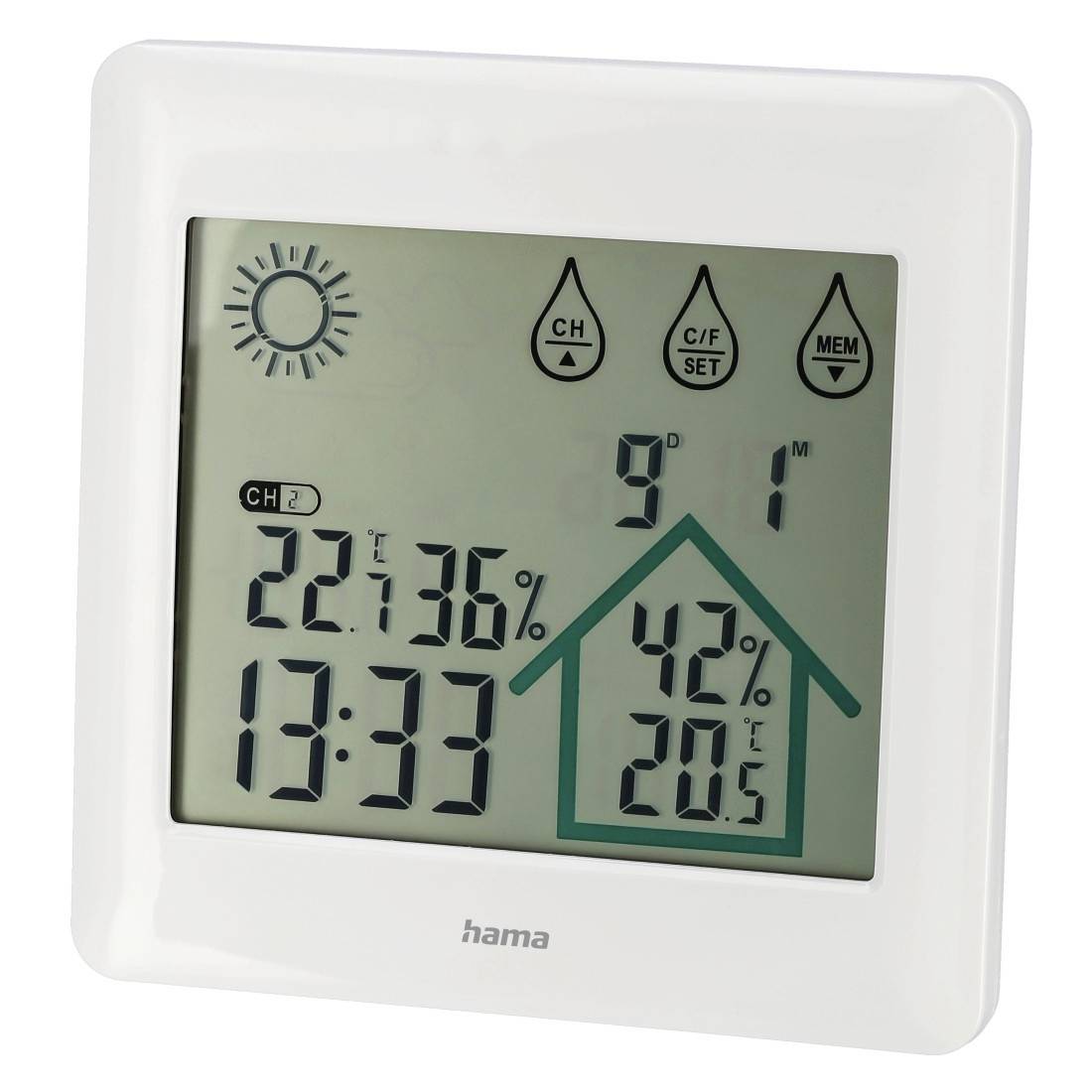 Digitales Innen-Thermometer-Hygrometer mit Anzeige von Raum- und Außentemperaturwerten, Uhrzeit 13:33, und Komfortsymbol mit 42% Luftfeuchte und 20,5°C im Innenbereich.