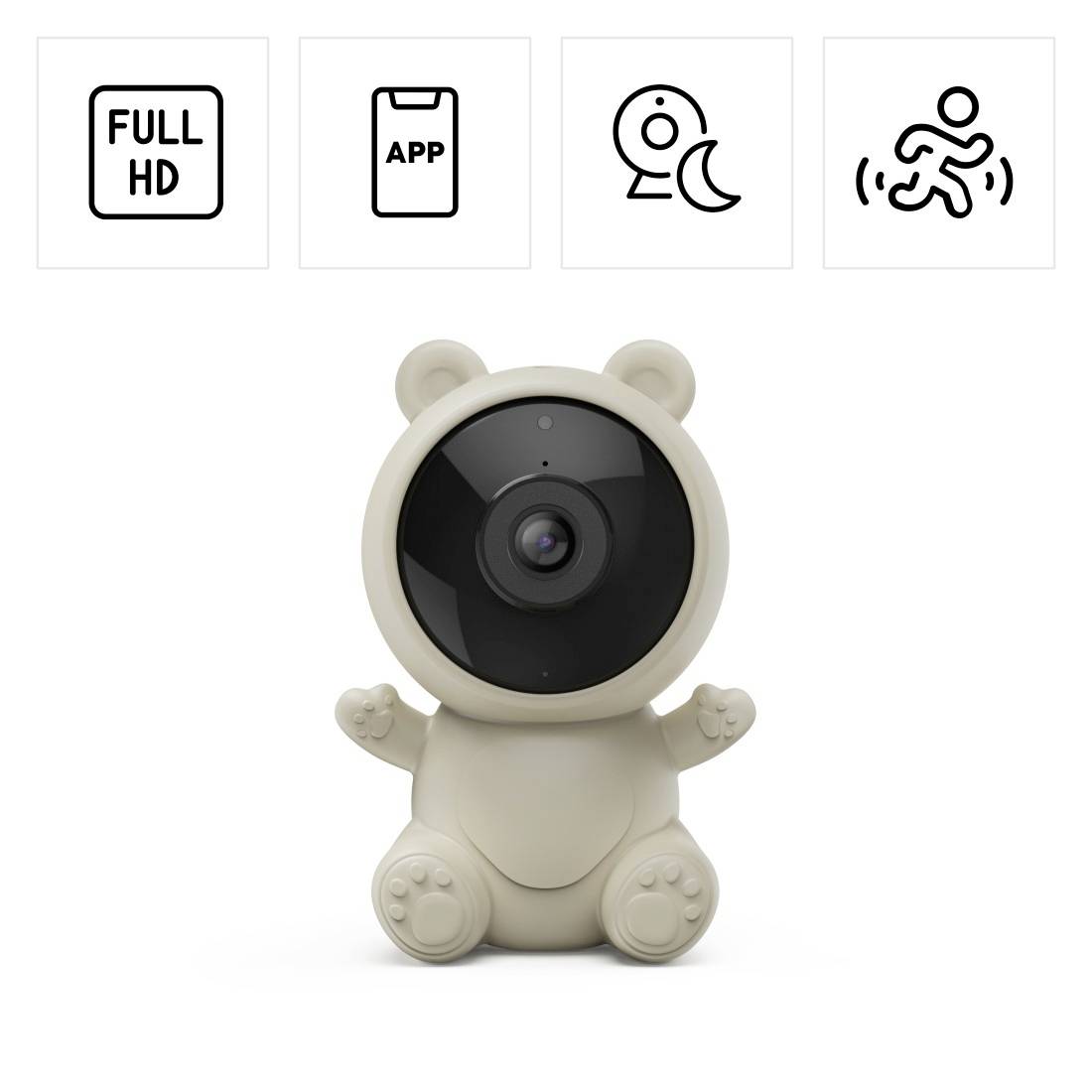 Weiße bärenförmige Sicherheitskamera mit Full HD, App-Steuerung, Nachtsicht- und Bewegungserkennungssymbolen darüber.