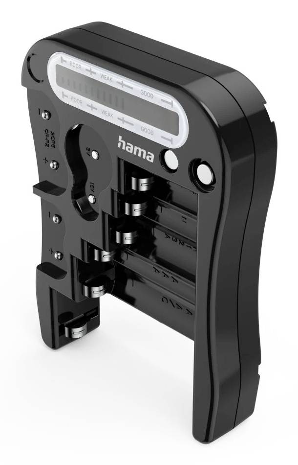 Schwarzer Hama Kunststoff-Batterietester mit Steckplätzen zum Überprüfen verschiedener Batteriegrößen und Ladezustände