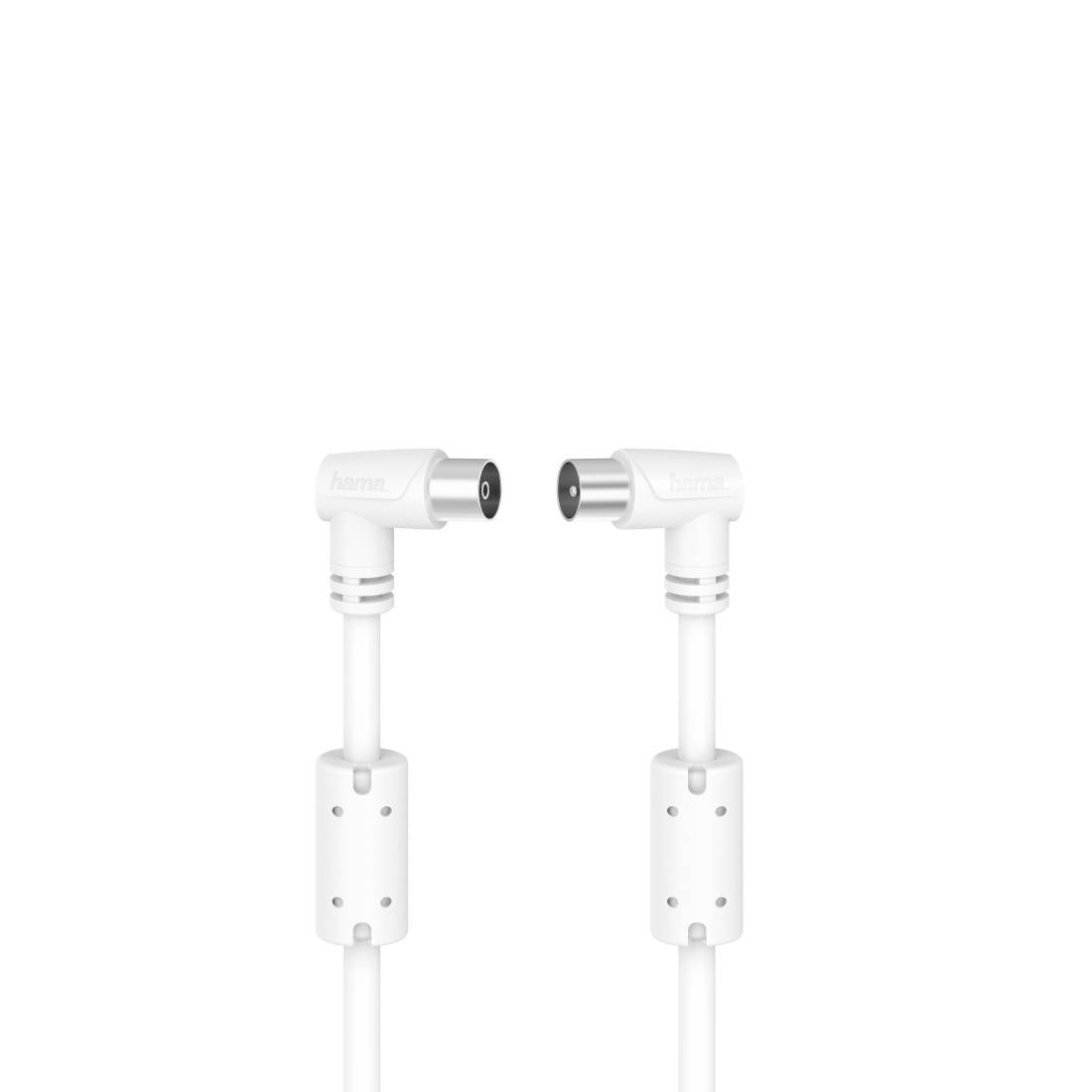 Zwei weiße Stromadapter-Stecker mit rechtem Winkel und zylindrischen Metallanschlüssen, die sich auf einfachem weißem Hintergrund gegenüberstehen.