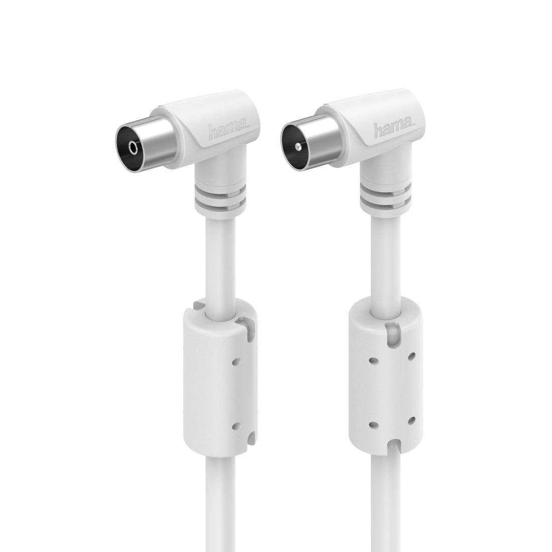 Zwei weiße koaxiale Kabeladapter mit rechtwinkligen Steckern und zylindrischen Inline-Kupplungen, gezeigt auf einem schlichten weißen Hintergrund.