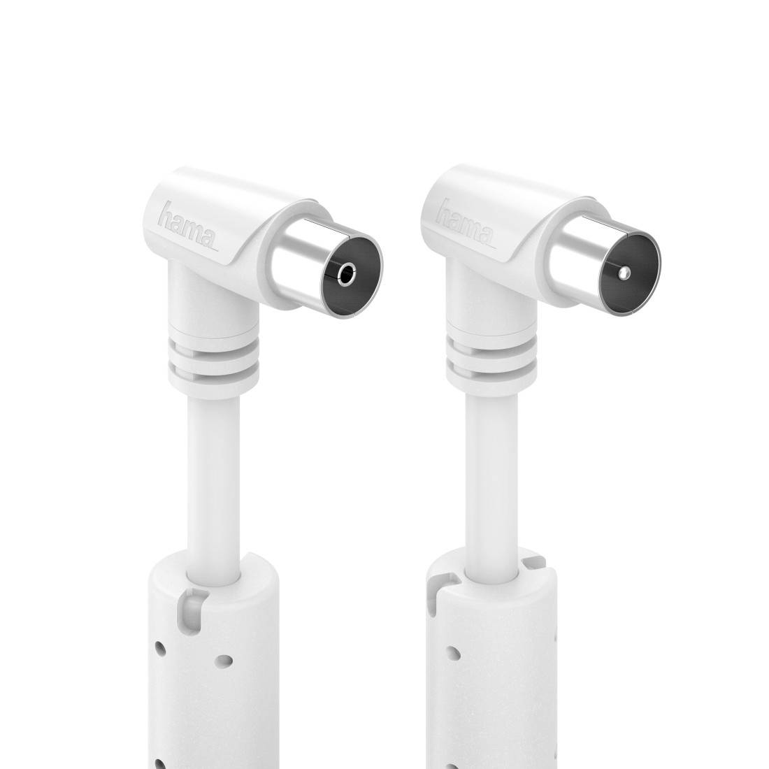 Zwei weiße rechtwinklige koaxiale Fernseh-Kabelstecker nebeneinander abgebildet, jeder mit einem Stecker oben und Kabeleingang unten.