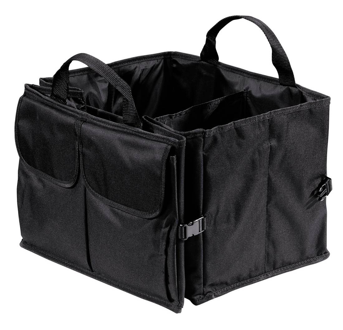 Schwarze faltbare Lagertasche aus Stoff mit Griffen und Seitentaschen, offen zur Anzeige des geteilten Innenraums.