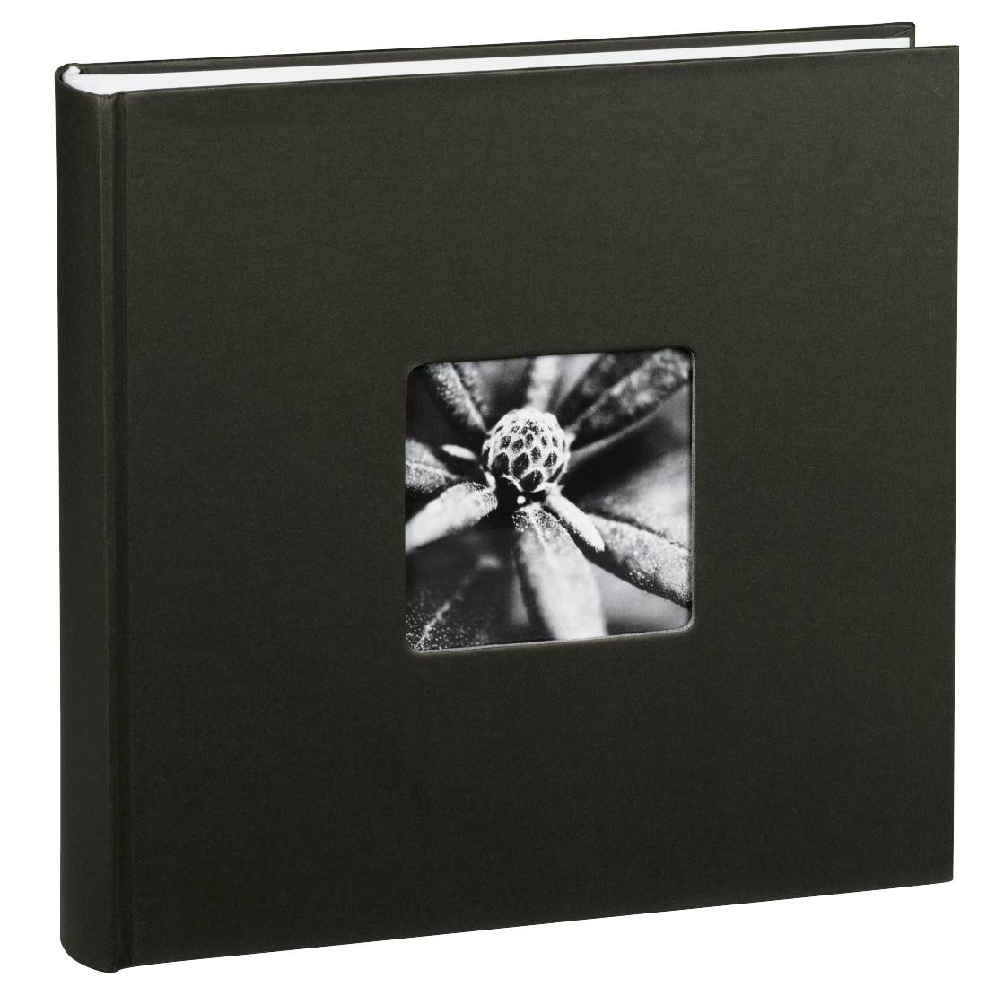 Schwarzes Hardcover-Fotoalbum mit einem kleinen quadratischen Schwarzweiß-Blumenbild auf dem vorderen Umschlag.