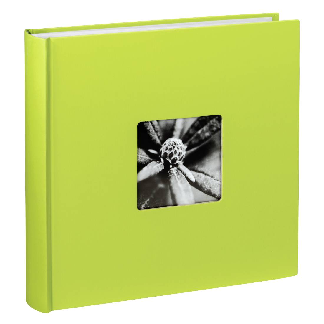 Hellgrünes, glänzendes Hardcover-Fotoalbum oder Buch mit einem kleinen Schwarz-Weiß-Blumenbild in der Mitte des Vorderdeckels.
