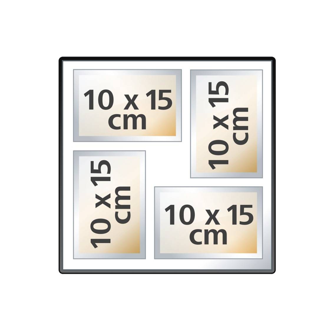 Diagramm mit vier Fotorahmen, die in einem Quadrat angeordnet sind, jeder mit der Beschriftung „10 x 15 cm