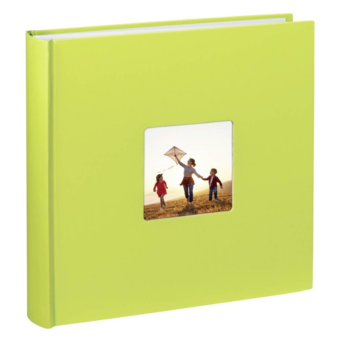 Limegrünes Fotoalbum oder Scrapbook mit einem kleinen Titelbild eines Erwachsenen und zweier Kinder, die draußen mit einem Drachen laufen.