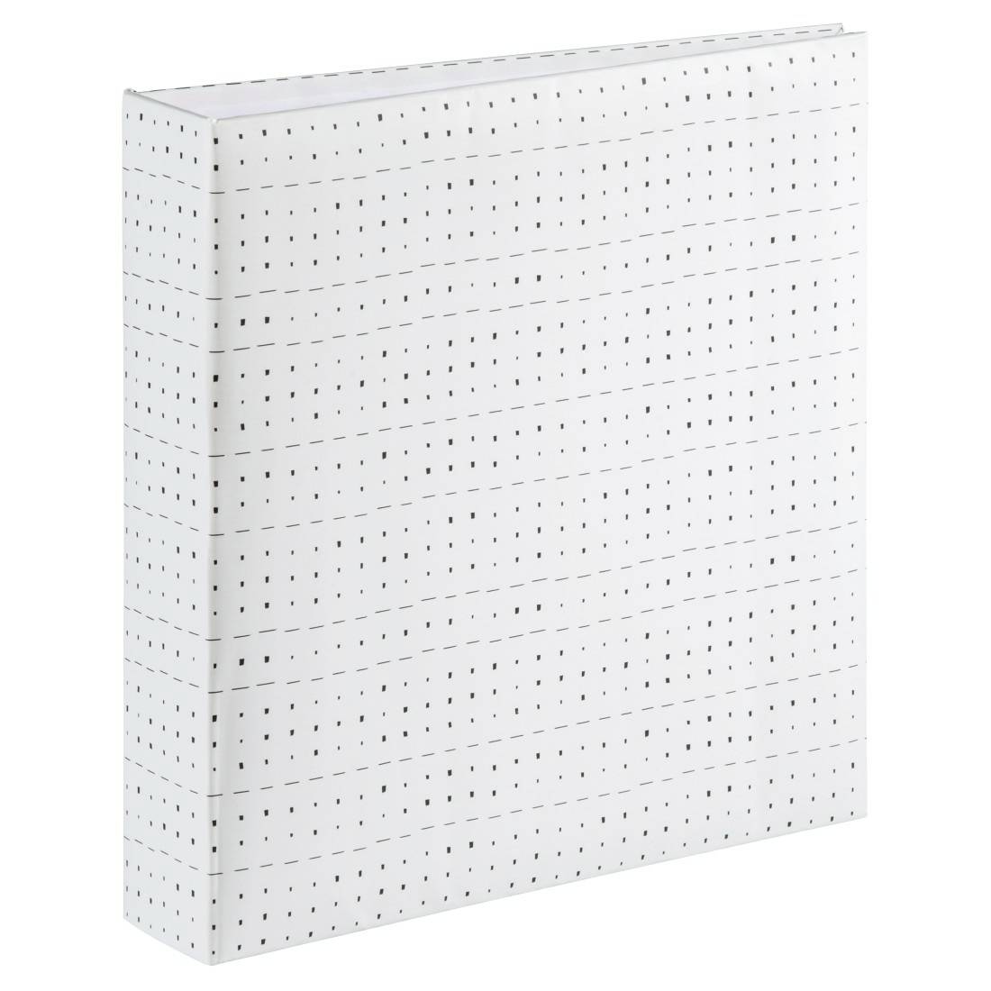 Weiße Aufbewahrungsbox oder Ordner mit einem subtilen gepunkteten Rastermuster auf der Vorderseite und dem Rücken, gezeigt vor einem neutralen Hintergrund.