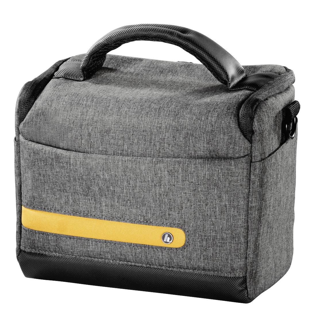 Graue isolierte Lunchbox mit schwarzem Griff und gelbem Vordertaschenelement auf weißem Hintergrund.