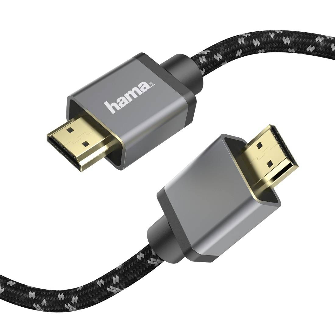 HDMI-Kabel mit zwei vergoldeten Steckern auf einem geflochtenen schwarzen Kabel, abgetrennt vor weißem Hintergrund dargestellt.
