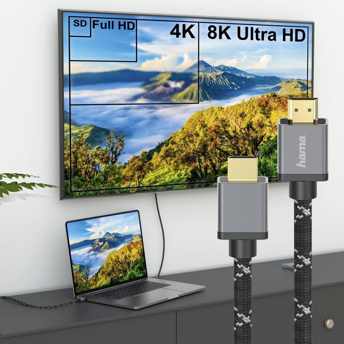 4K und 8K Ultra HD HDMI-Kabelvergleich-Grafik, die einen an einen Fernseher angeschlossenen Laptop mit beschrifteten Auflösungsfeldern für SD, Full HD, 4K und 8K zeigt.