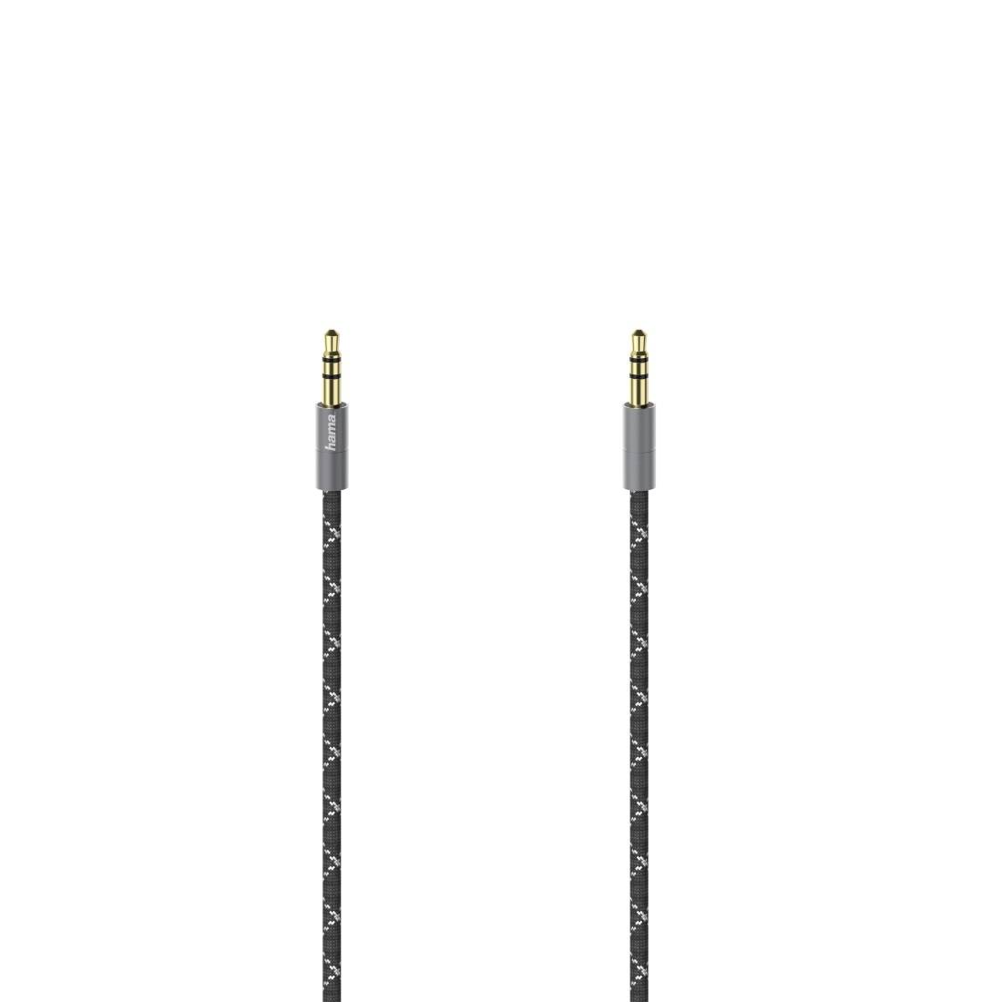 Zwei schwarzgraue Audiokabel mit vergoldeten 3,5-mm-Steckern nebeneinander auf weißem Hintergrund abgebildet.