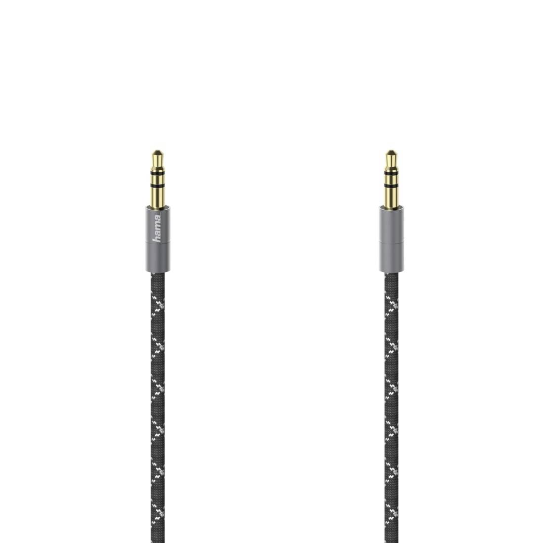 Zwei Audiokabel mit vergoldeten 3,5-mm-Steckern und schwarzen geflochtenen Kabeln auf weißem Hintergrund; eines hat einen grauen Stecker mit der Bezeichnung „Hama