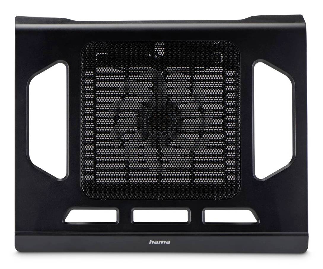 Schwarzes Laptop-Kühlpad mit einem zentralen Lüfter hinter einem Maschenrost und seitlichen Griffen, Frontansicht auf weißem Hintergrund.