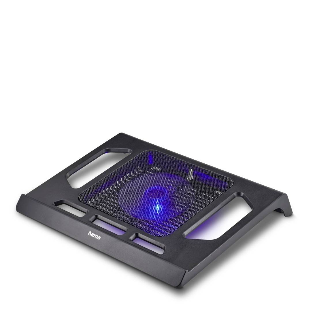 Schwarzes Laptop-Kühlpad mit blau beleuchtetem Lüfter und zwei Griffgriffen auf weißem Hintergrund.