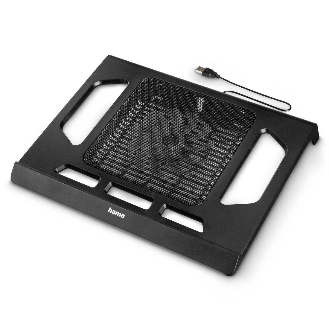 Schwarzes Hama Laptop-Kühlpad mit integriertem Lüfter und USB-Kabel, gezeigt auf weißem Hintergrund.