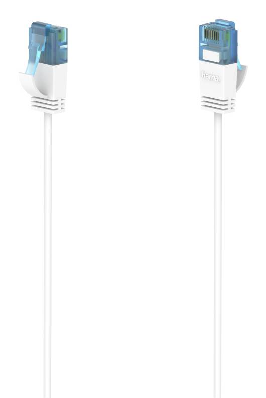 Zwei weiße Ethernet-Kabel mit blauen Steckverbindern nebeneinander auf einem einfachen weißen Hintergrund gezeigt.