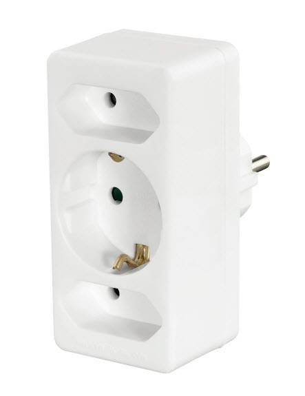 Weißer Stecker-Stromadapter mit einer einzelnen europäischen Steckdose und seitlichem Erdungspin.