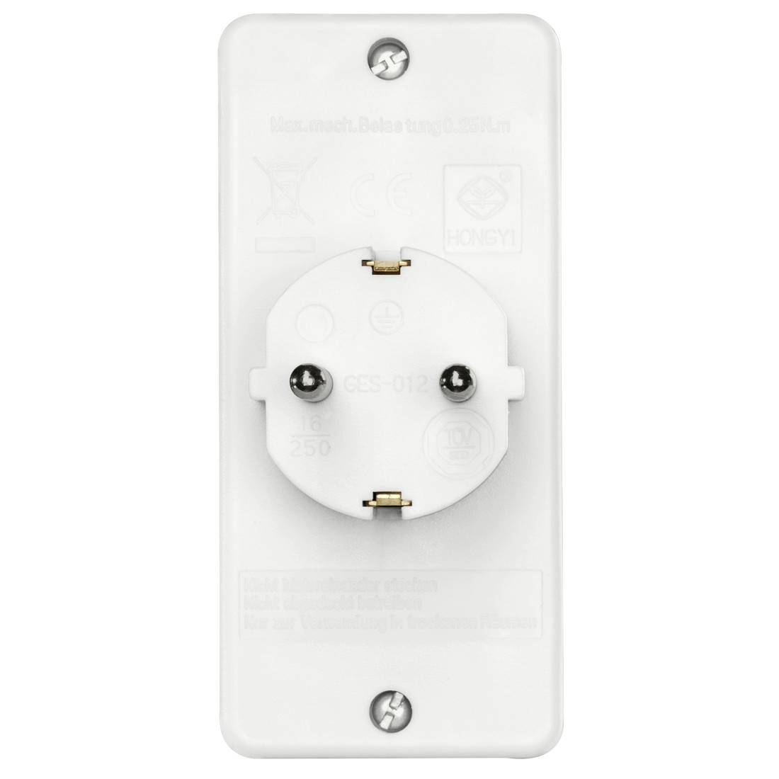 Weißer elektrischer Wandstecker-Adapter mit zwei runden Stiften und einer einzelnen Steckdose auf einer rechteckigen Platte.