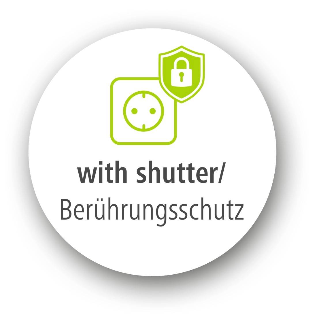 Symbol einer Steckdose mit einem Schutzschild, gekennzeichnet mit „mit Verschluss/Berührungsschutz