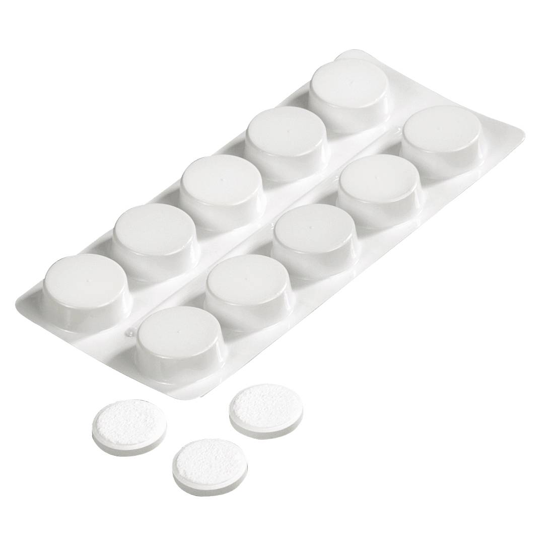 Blisterpackung mit weißen runden Tabletten, mit drei herausgenommenen Pillen, die unter der Packung liegen.