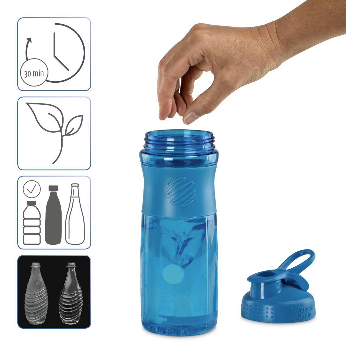 Hand, die eine blaue Tablette in eine blaue Wasserflasche legt, mit Symbolen, die eine 30-minütige Wartezeit, pflanzliches Material und Flaschenkompatibilität zeigen.