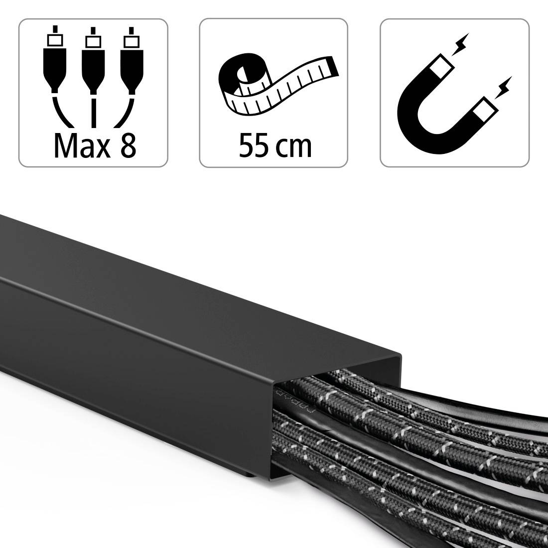 Kabelorganisationshülle für bis zu 8 Kabel, 55 cm lang, mit magnetischem Verschluss; das Bild zeigt mehrere Kabel, die aus der Hülle heraustreten.