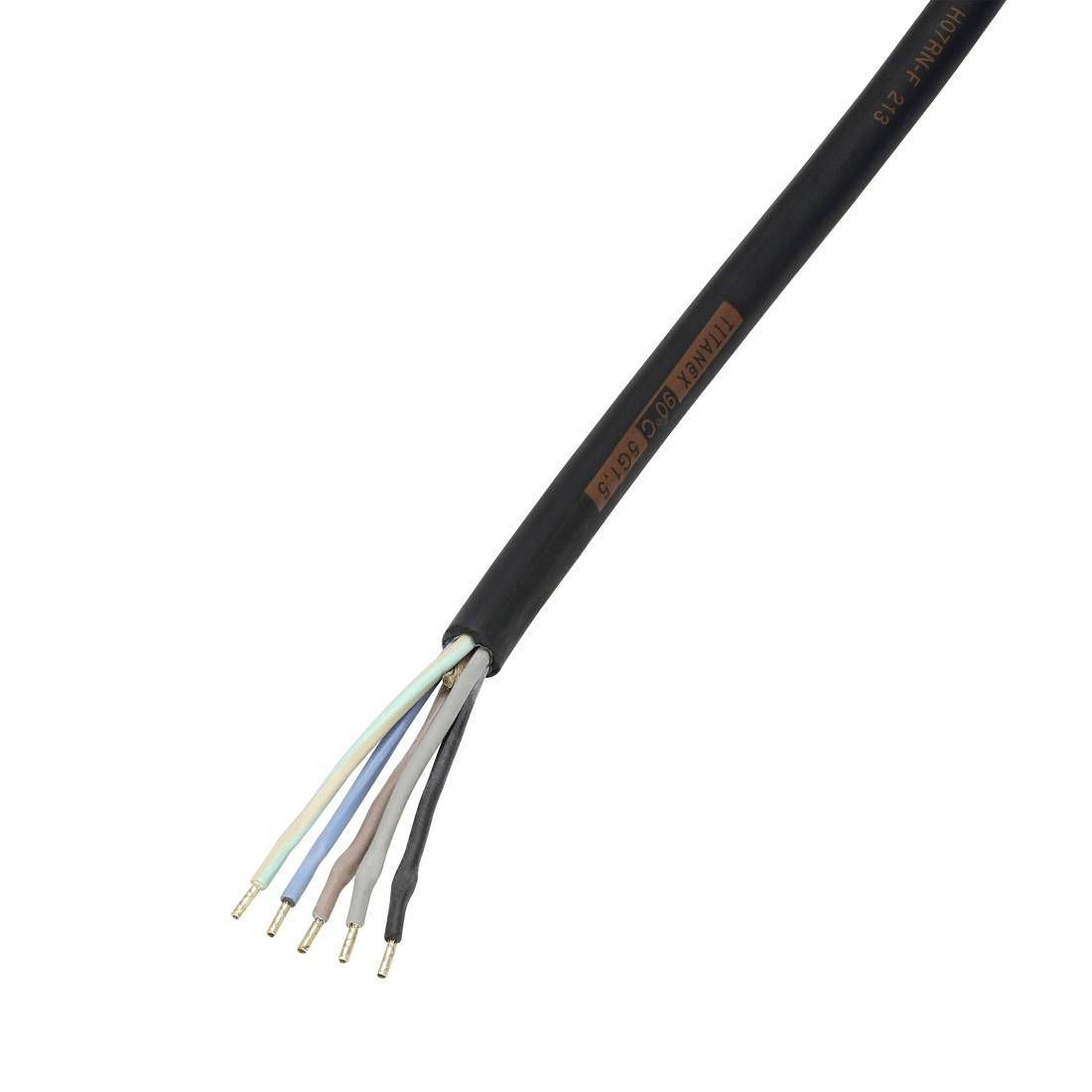 Schwarzes Kabel mit fünf freigelegten farbigen Drähten am abgeschnittenen Ende, diagonal auf weißem Hintergrund dargestellt.