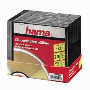 Hama Schachteln mit schlanken CD-Schmuckschachteln, gekennzeichnet für 1 CD, 20 Stück, zeigt leere CD-Hülsen-Verpackung.