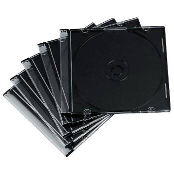 Stapel von leeren schwarzen CD-/DVD-Schmuckkassetten, die auf weißem Hintergrund fächerförmig angeordnet sind.