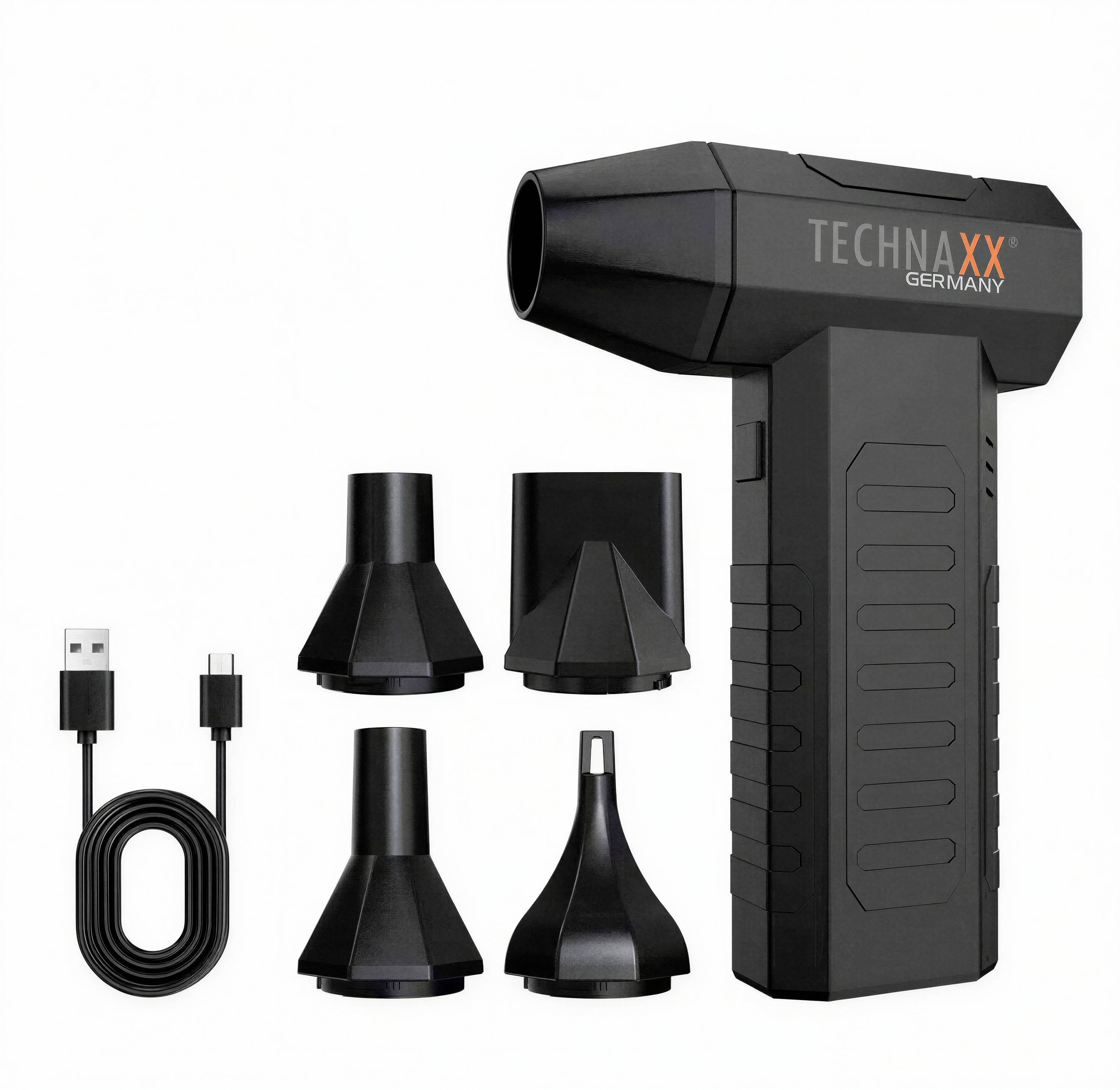 Schwarzer TECHNAXX Deutschland tragbarer elektrischer Luftbläser mit vier Düsenaufsätzen und USB-Ladekabel auf weißem Hintergrund.