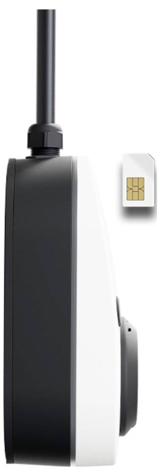 Schwarzweißes drahtloses Gerät mit vertikaler Antenne neben einer kleinen SIM-Karte, was auf ein Mobilfunkmodem oder einen Router hindeutet.