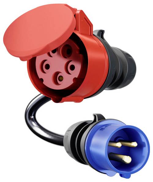 Rote Industriesteckdose, die über ein Kabel mit einem blauen dreipoligen Stecker verbunden ist und einen elektrischen Steckeradapter zeigt.