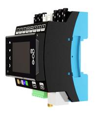 Schwarzes und blaues industrielles elektronisches Steuermodul mit kleinem Display, Tasten, Anschlussklemmen und Anschlussanschlüssen für Verdrahtung.